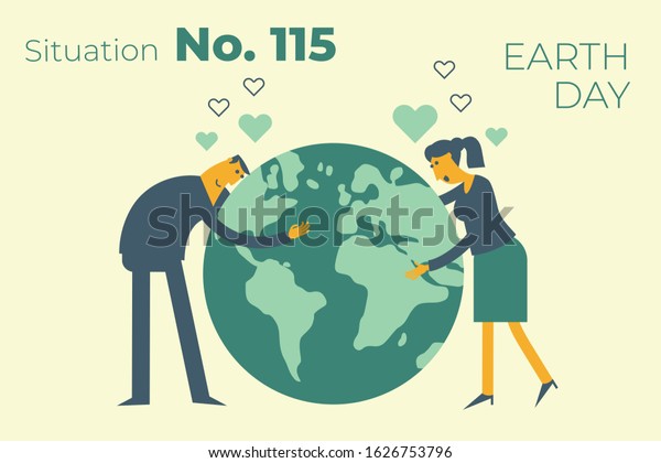 Ecological illustration. Earth day. Man and woman\
embrace planet Earth with their hands. Care and love planet.\
Ecological thinking. Concern for environment. Planting trees. ECO\
activist. Green.