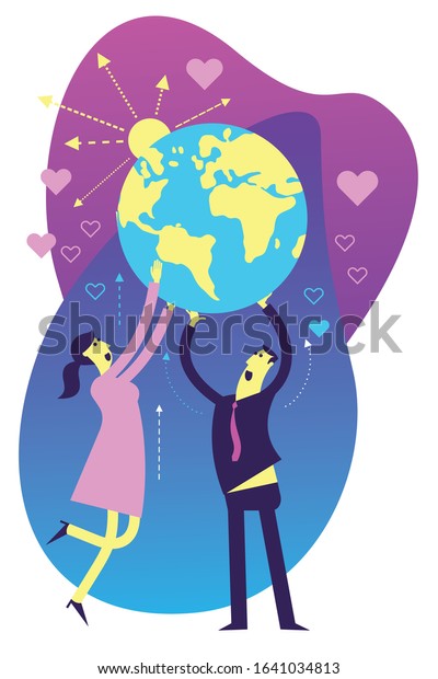 Ecological illustration. Earth day. Man and\
woman hold planet Earth in their hands. Care and love planet.\
Ecological thinking. Take Care Of Land. Concern for environment.\
Planting trees. ECO\
activist.