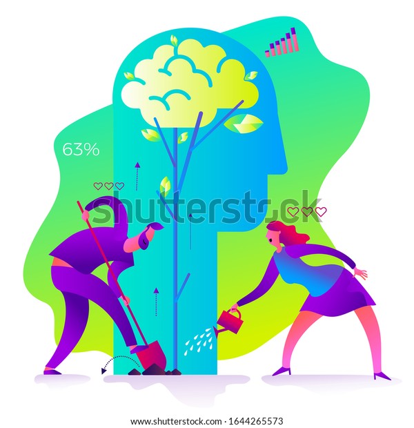 Ecological illustration. Earth day. Man and woman\
water, care for, and take care of the tree. Silhouette of a man\'s\
head with a growing tree. Ecological thinking. Planting trees. ECO\
activist. Green.