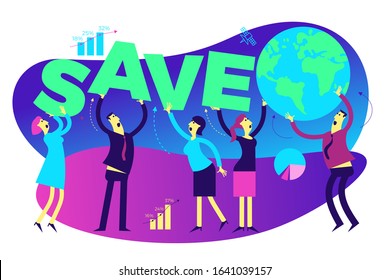 Ecological illustration. Earth day. Men and women are calling to save planet. Ecological thinking. Global warming, CO 2. No plastic. Ecological thinking. ECO activist. Environmental protection. Green.