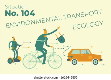 Ecological illustration. ECO friendly transport. People go by electric car, Segway, Bicycle.  Pollution of the planet with exhaust gases, CO2. Global warming. Greenhouse effect. ECO problem. Green.