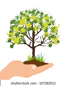 ecological illustration of a hand planting a tree, vector illustration