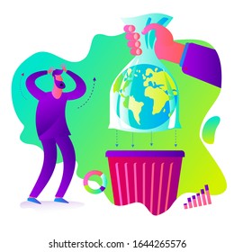 Ecological illustration. Hand in a plastic bag throws the planet Earth into an urn. Plastic pollution of surrounding land. The problem of waste disposal. No plastic. Eco problem. Green.