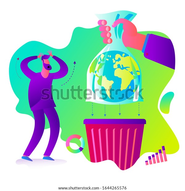 Ecological\
illustration. Hand in a plastic bag throws the planet Earth into an\
urn. Plastic pollution of surrounding land. The problem of waste\
disposal. No plastic. Eco problem.\
Green.