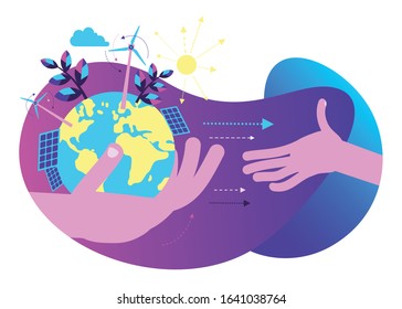 Ecological illustration. In hands of man planet Earth.  Alternative types of energy. Modern eco friendly technologies, solar battery, wind generator, Eco city, waste disposal. ECO activist. Green.