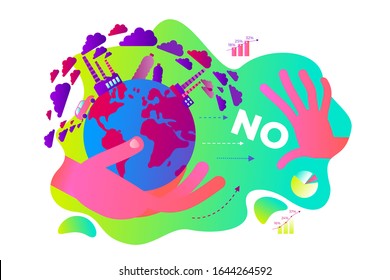 Ecological illustration. In hands of man planet Earth with polluting factories, in smoke. Climate change. Global warming. Greenhouse effect of CO2. Environmental problem. Eco activist. Green.