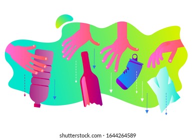 Ecological illustration.. Human hands taking out the trash. Plastic bottle, glass, metal, paper. Separation of garbage. Utilization of wastes. No plastic. Separation of garbage. Eco problem. Green.