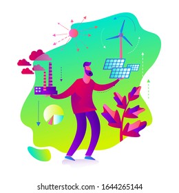 Ecological illustration. Man chooses between polluting and clean energy. Alternative types of energy. Eco city. Global warming. Environmental problem. ECO activist. Green. Solar panel, wind generator.