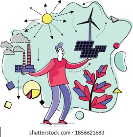 Ecological illustration. Man chooses between polluting and clean energy. Alternative types of energy. Eco city. Global warming. Environmental problem. ECO activist. Green. Solar panel, wind generator.