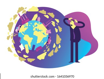 Ecological illustration. The man holds his head in horror.  Planet Earth in smoke, plastic, garbage. Global warming. Greenhouse effect of CO2. Environmental problem. Eco activist. Green. Ecologist.