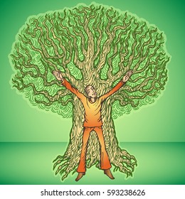 Ecological illustration with a tree and a man on green background, RGB EPS 10 vector illustration