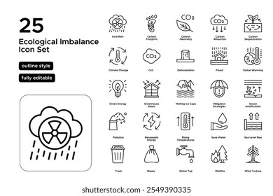 Conjunto de Ícones de Linha de Desequilíbrio Ecológico: Ícones de Desmatamento, Perda de Habitat e Declínio da Biodiversidade