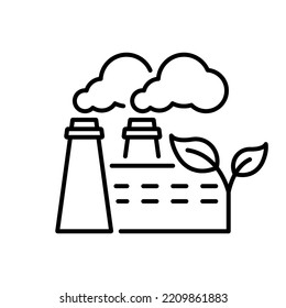 Ecological Industrial Production with Leaf Line Icon. Eco Factory Industry Building Linear Pictogram. Bio Power Station Outline Icon. Ecology Industry. Editable Stroke. Isolated Vector Illustration.