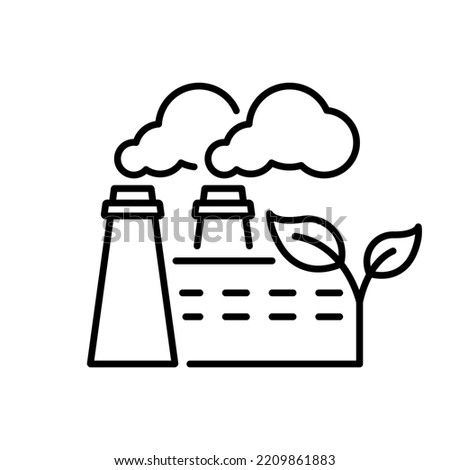 Ecological Industrial Production with Leaf Line Icon. Eco Factory Industry Building Linear Pictogram. Bio Power Station Outline Icon. Ecology Industry. Editable Stroke. Isolated Vector Illustration.