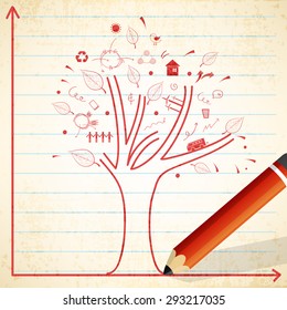 Ecological infographic template layout with illustration of a tree and other elements drawn by a pencil on notebook paper background.