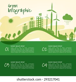Diseño de plantillas de infografía ecológica con vistas a una ciudad verde sobre un fondo elegante.