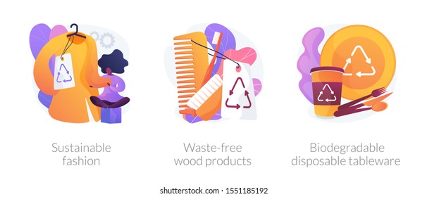 Ecological integrity, eco friendly innovations icons set. Sustainable fashion, waste-free wood products, biodegradable disposable tableware metaphors. Vector isolated concept metaphor illustrations