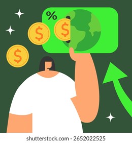 Conceito de investimento ecológico com empresária. Desenvolvimento sustentável e economia verde. Ilustração de negócios de vetor plano.