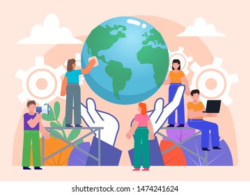 Cuestiones ecológicas, cuidado del medio ambiente, concepto del día de la tierra. Grupo de personas de pie cerca del globo terráqueo grande. Ilustración vectorial de diseño plano. Afiche para redes sociales, página de Web, Anuncio, presentación