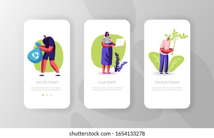 Ecological Issues, Environment Care, Day of Earth Mobile App Page Onboard Screen Set. People Caring of Plants. Volunteers Saving Nature, Collect Garbage Concept. Cartoon Vector Illustration