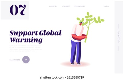 Ecological Issues, Global Warming, Environment Care, Day of Earth Website Landing Page. Man Planting Tree to Reduce Emitting CO2 Gas and Saving Nature Web Page Banner. Cartoon Flat Vector Illustration