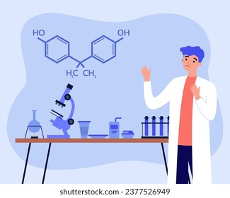 Ecological lab scientist troubled about exceeds of safety levels of bisphenol. Plastic tableware, drinking straws, microscope on lab table. Environment, population concept