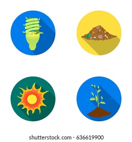 An ecological lamp, the sun, a garbage dump, a sprout from the earth.Bio and ecology set collection icons in flat style vector symbol stock illustration web.