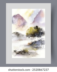 Paisaje ecológico con montañas y puesta de sol sobre dos árboles con corona esponjosa que crece en la orilla del lago. Pintura de acuarela con paisaje ecológico para el diseño de interiores de dormitorio o sala de estar