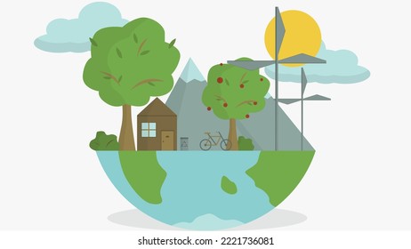 Vida ecológica. Dibujo terrestre con bicicleta, casa, molinos de viento, árboles y montañas