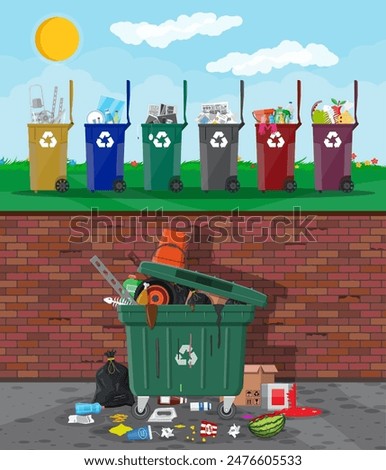 Ecological lifestyle concept. Can container, bag and bucket for garbage. Recycling and utilization equipment, trash segregation. Plastic garbage bin full of trash. Vector illustration flat style