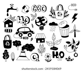 Ecological lifestyle. Ecology doodles. No plastic, go green, Zero waste concepts, reduce, reuse, refuse, technologies and environmental friendliness of life and transport. Isolated vector hand drawn