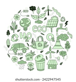 Estilo de vida ecológico. Juego de doodles dibujados a mano con ecología. Sin plástico, verde, Cero residuos conceptos, reducir, reutilizar, rechazar, tecnología ecológica, auto, casa y bolsa de alimentación. Isolación de ilustraciones vectoriales verdes.