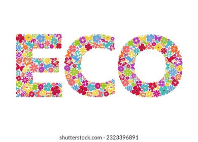 Ecological logo ECO. Floral symbols forming a word ECO. Floral ornament in the form of a letters.