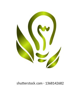 Ecological logotype or icon with green light bulb and leaves on white background. Beautiful illustration for your design.
