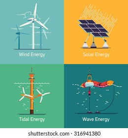 Ecological low and zero emission renewable electricity power energy generation devices | Web backgrounds and icons on green power sources such as wind turbines, solar panels, tidal and wave energy 