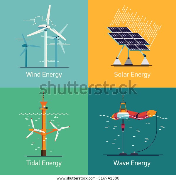 生态低排放和零排放可再生发电设备 风力涡轮机 太阳能电池板 潮汐和波浪能等绿色电源的网页背景和图标库存矢量图 免版税