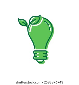 Ecological Low-Energy Lightbulb Icon. Ecology Lamp with Leaf Environment Conservation Pictogram. Light Bulb Eco Electricity Icon. Editable Stroke. Isolated Vector Illustration.