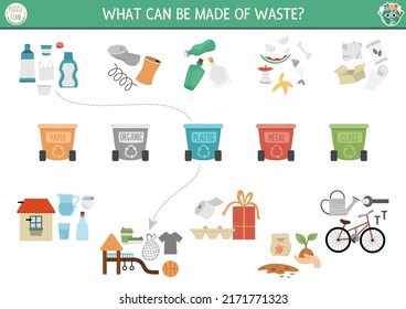 Ecological Matching Activity With Waste Sorting Concept. Earth Day Puzzle. Printable Worksheet Or Game. Sort Out Garbage. Eco Awareness Page For Kids With Rubbish Bins. What Can Be Made Of Waste?
