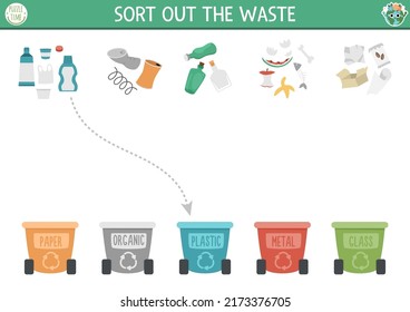 Ecological matching activity with waste sorting concept. Earth day puzzle. Printable worksheet or game. Sort out the waste. Eco awareness page for kids with rubbish bins
