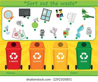 Ecological matching activity with the waste sorting concept. Earth Day puzzle. Printable worksheet or game. Sort out the waste. Eco awareness page for kids with rubbish bins-plastic, E-waste, glass,