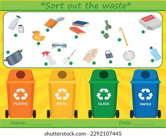 Ecological matching activity with the waste sorting concept. Earth Day puzzle. Printable worksheet or game. Sort out the waste. Eco awareness page for kids with rubbish bins-plastic, paper, glass,