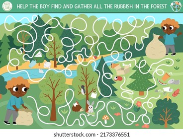 Ecological maze for children with kid gathering garbage in the forest. Earth day preschool activity. Eco awareness or zero waste labyrinth game, puzzle. Nature protection printable worksheet
