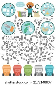 Ecological maze for children with kid sorting out the rubbish. Earth day preschool activity. Eco awareness or zero waste labyrinth game, puzzle. Nature protection printable worksheet
