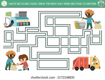 Ecological maze for children with kids sorting out the rubbish. Earth day preschool activity. Eco awareness or zero waste labyrinth game with garbage recycling stages
