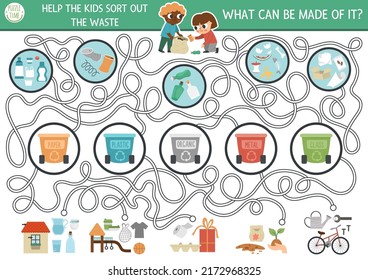 Ecological maze for children with kids sorting out the rubbish. Earth day preschool activity. Zero waste labyrinth game with garbage recycling concept. What can be made of waste?
