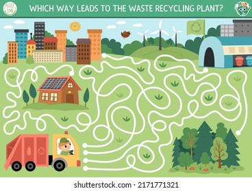 Ecological maze for kids with garbage truck going to waste recycling plant. Earth day preschool activity. Eco awareness or zero waste labyrinth game, puzzle. Nature protection printable worksheet
