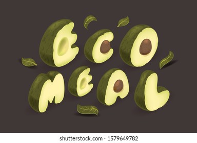 Ecological meal for vegans. Poster with avocado inscription. Isometric handcrafted lettering