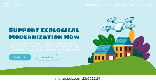 Ecological modernization and improvement, renewable systems for houses and apartments. Eco living technologies and devices. Website landing page template, internet site. Vector in flat style