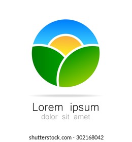 Ecological natural landscape - eco logo template. Sun on the background of green hills - a symbol ecological organic production and agriculture.
