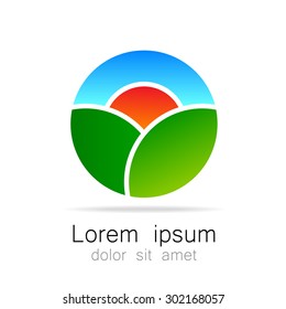 Ecological natural landscape - eco logo template. Sun on the background of green hills - a symbol ecological organic production and agriculture.